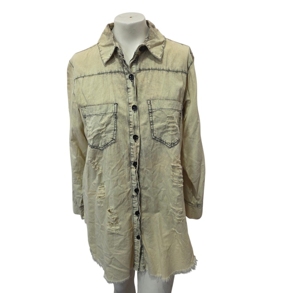 Thrill Jeans Acid Wash Distressed Denim Shirt Dress Tunic Grunge Hi Low Raw‎ Hem